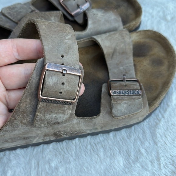 Birkenstock Arizona Suede Leather Taupe Green Two Strap Sandals Size 43 Mens 10 - Picture 2 of 11